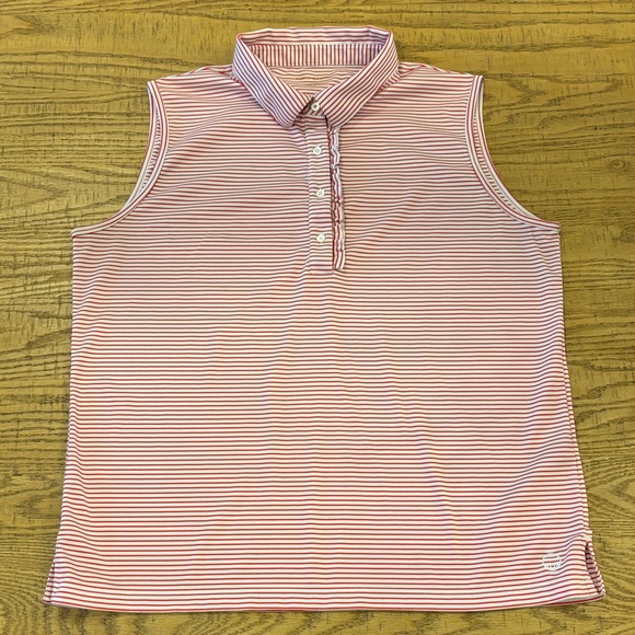 Tory Sport Tops - Toy Burch Sport Performance Striped Sleeveless Ruffle Polo Red & White XL Preppy